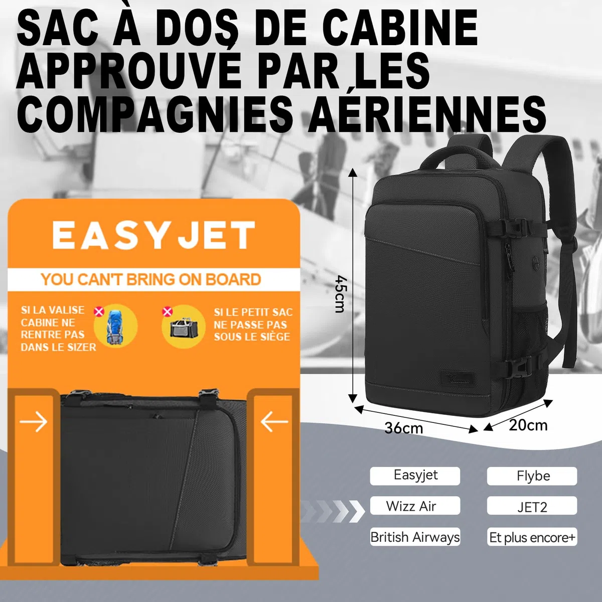 Yankony Sac a Dos Voyage Cabine Avion 45x36x20 pour Easyjet Sac de Voyage Résistant à l'eau & à Rayures Diagonales Homme Bagages Cabine sous Siège Femme sac à dos