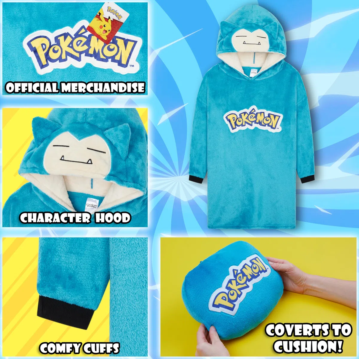 Pokémon Sweat à Capuche Oversize Enfant, Pikachu Gengar Sweat Plaid Polaire Chaud avec ou sans Sac Intégré, Poncho Doux