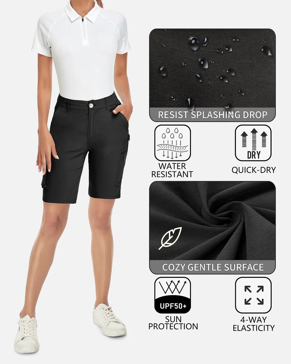 Soneven Léger Shorts Cargo Femme Été Taille Elastique Pantalons Court Taille Haute Fermeture éclair pour Randonnée Golf Loisir Safari avec Poches Zippées