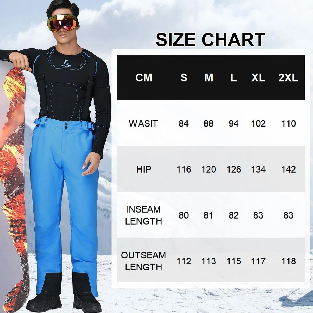 HOUZONIY Pantalon de ski pour homme - Doublure - Avec bretelles - Imperméable - Coupe-vent - Pantalon de ski - Pantalon de snowboard - Pantalon d'extérieur