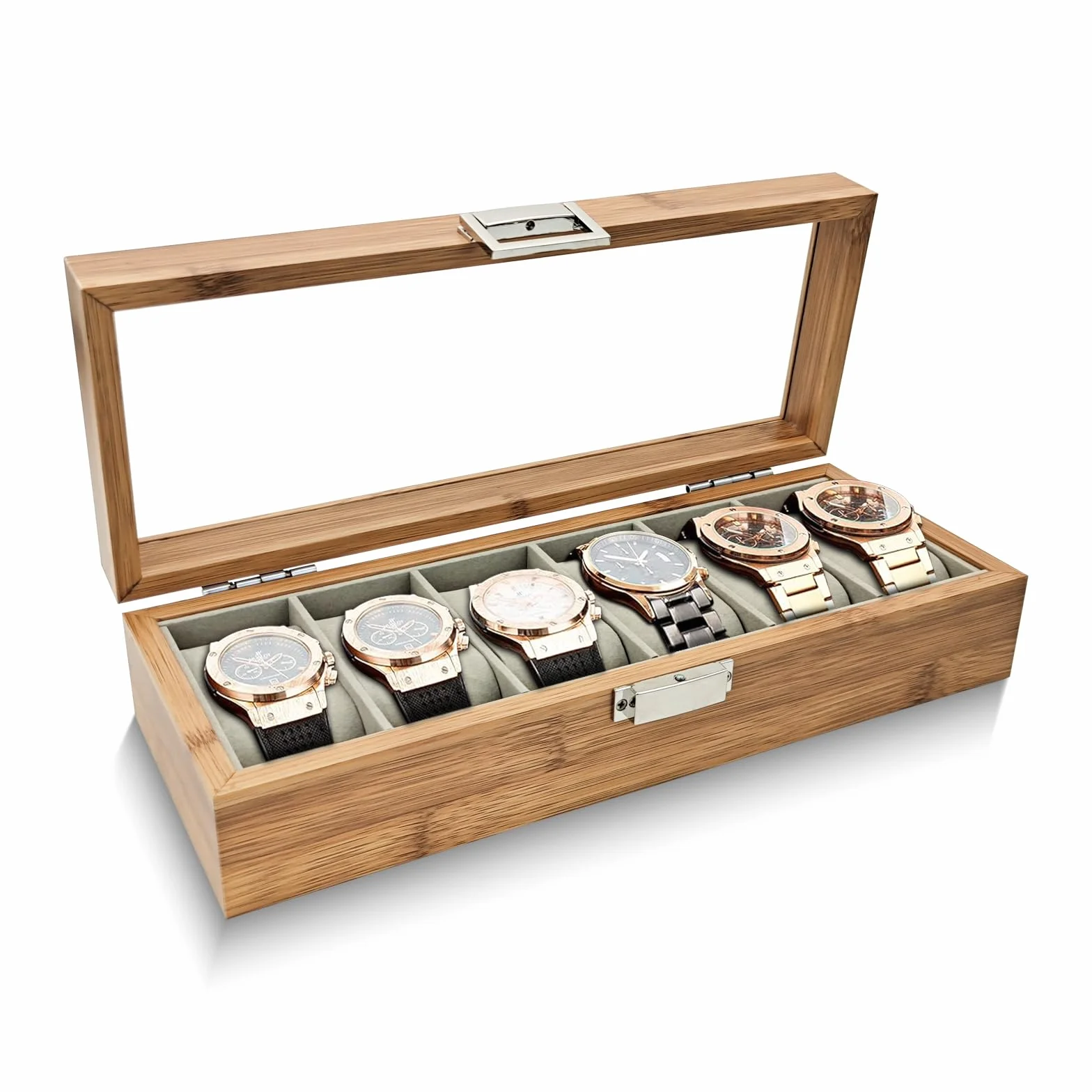 Boite a Montre 6 Slots, Boite Rangement Montre avec Oreiller Amovible, Etui Montres d'Affichage Vintage, Coffret Montres avec Couvercle En Verre(6 emplacements)
