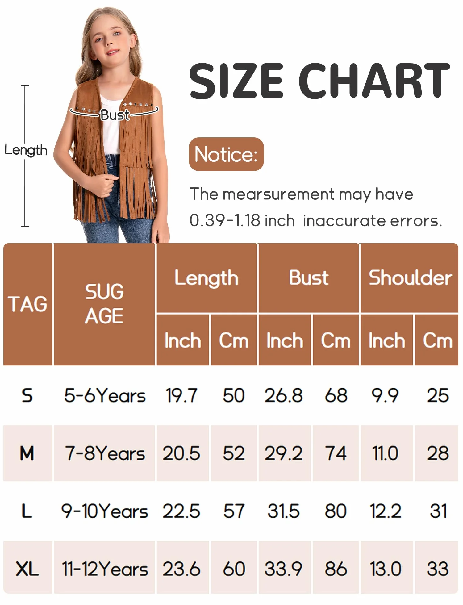 SEAUR Gilet à Franges pour Fille Hippie Gilet Cowgirl Western avec Rivets Veste Sans Manches en Similicuir Vêtements Style Années 60-70 Enfants 5-12 ans