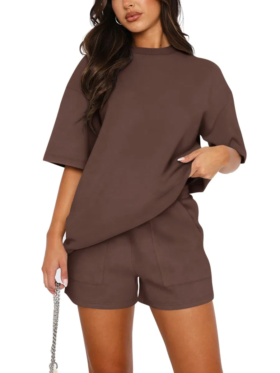 REORIA Survêtement pour femme, manches courtes, col rond, couleur unie, 2 pièces, tenue de maison, tenue de jogging, ensemble de survêtement