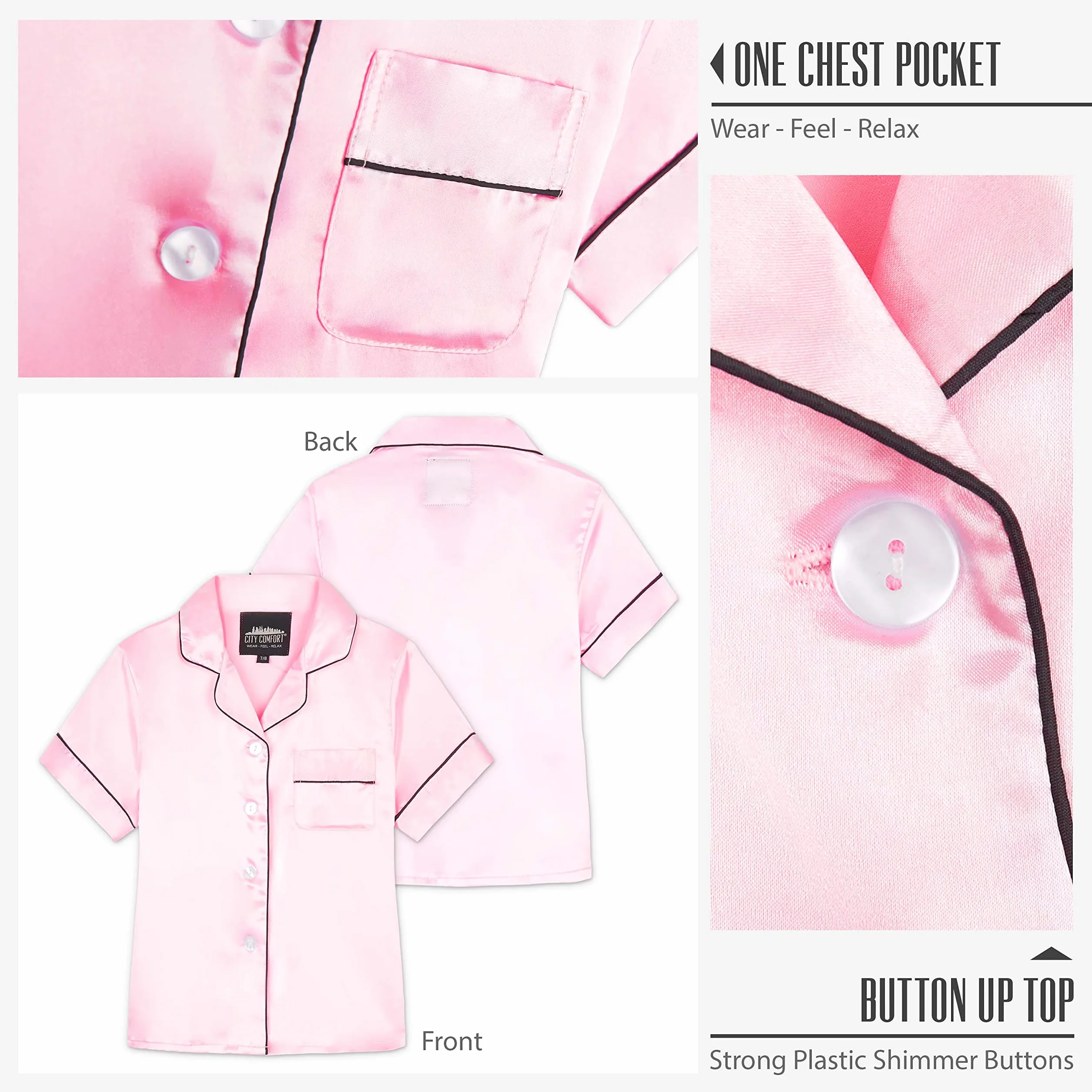CityComfort Ensembles de Pyjama Fille et Ado Ensembles de Nuit d'Été Boutons Short Pyjama Satin Loungewear Set Vêtement de Nuit à Manche Courte