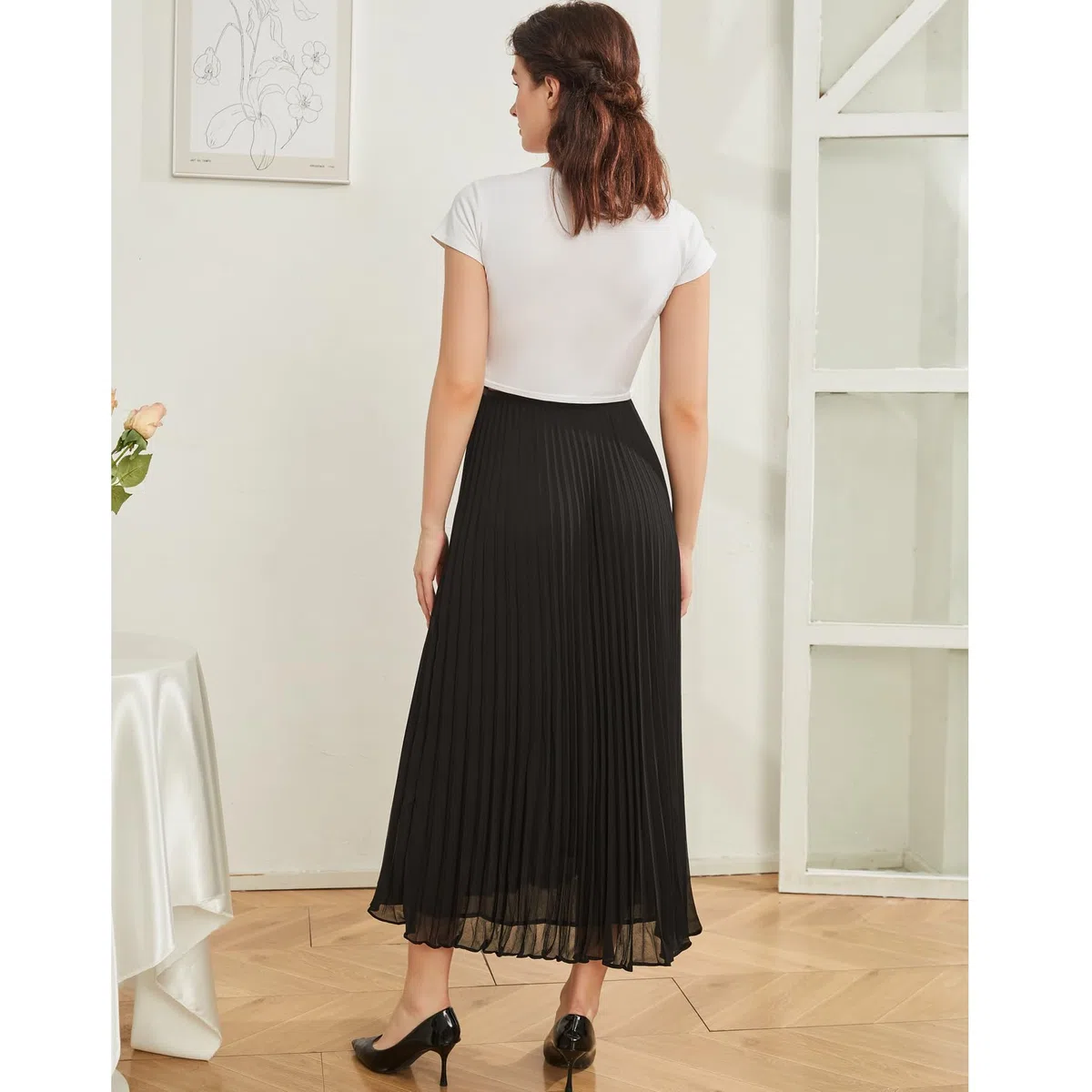 COLOMI Jupes longues pour femmes d'été de maternité, taille haute élastique, jupe plissée en mousseline de soie, jupe trapèze longue trapèze