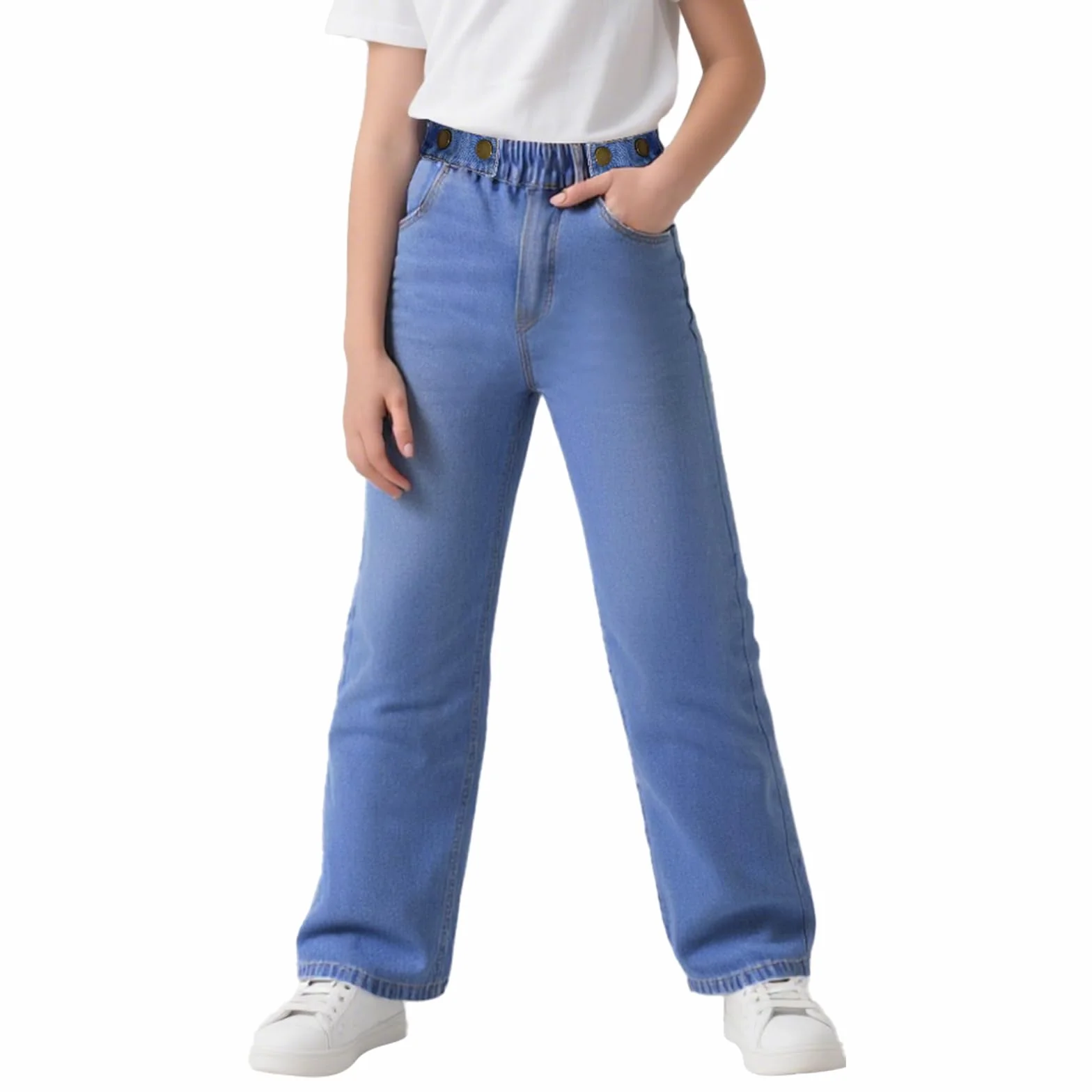 Jeans Filles Enfants Baggy Pantalon Jambes Larges avec Taille Élastique Loose Fit Long Denim Jeans avec Poches Décontracté Denims Mode Casual Polyvalent Ado Pant pour 6-14 Ans