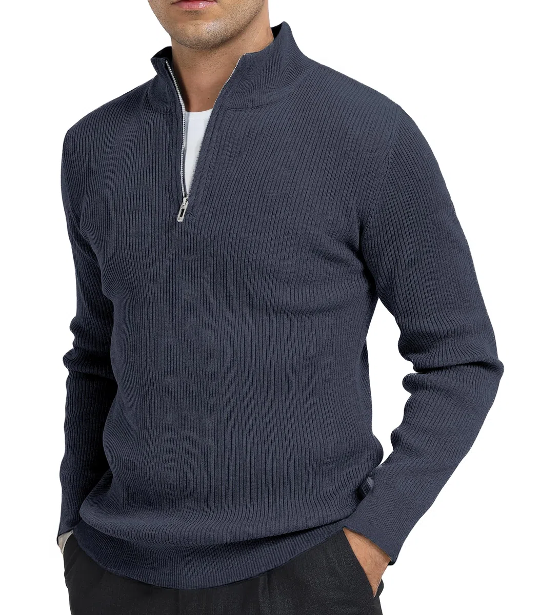 Pull Homme Hiver Tricoté Zippé Maille avec Col Montant Chaud Manches Longues Pullover Sweater