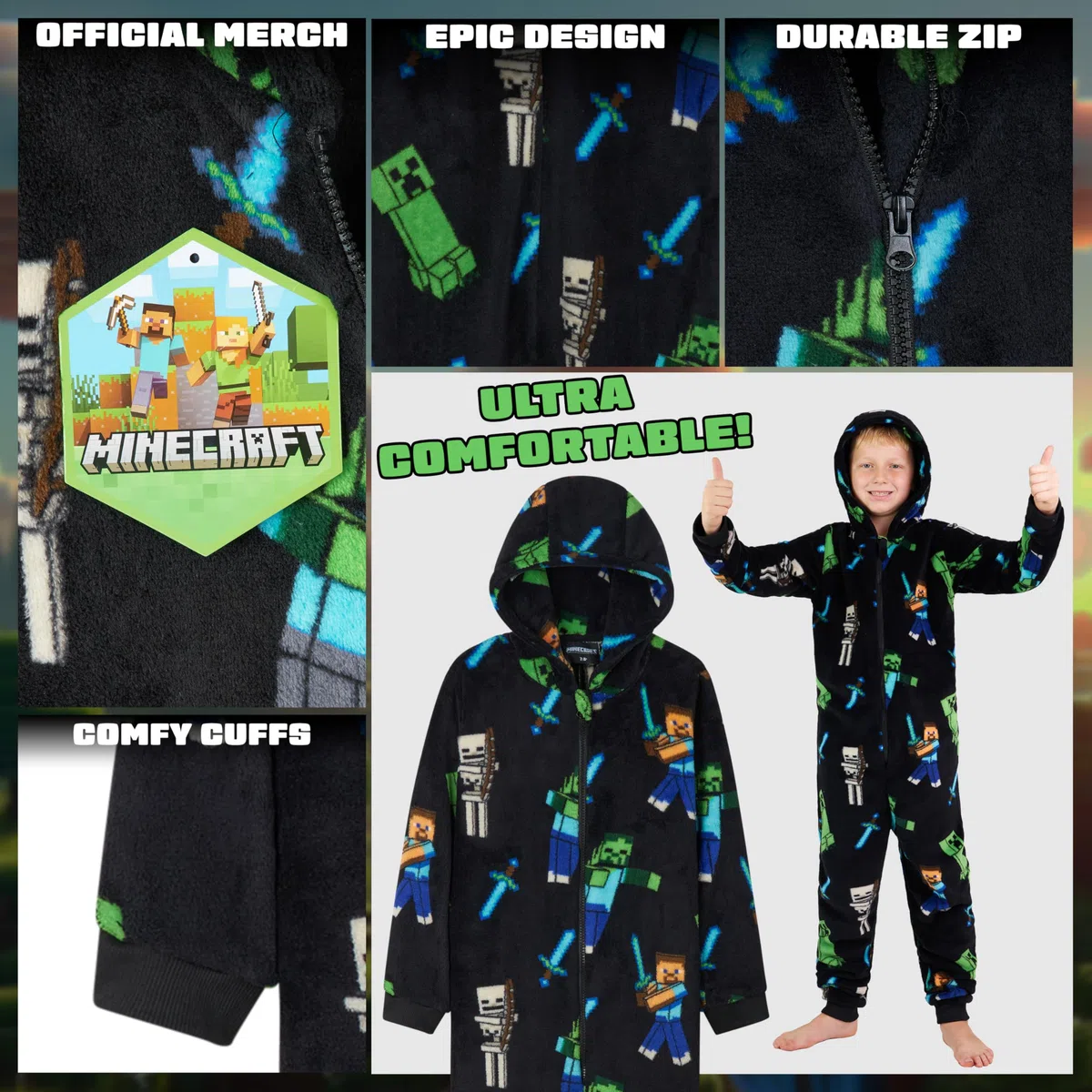 Minecraft Combinaison Polaire Garçon Ado, Combinaison Pyjama à Capuche, Vêtements de Nuit Enfants - Cadeau Gamer
