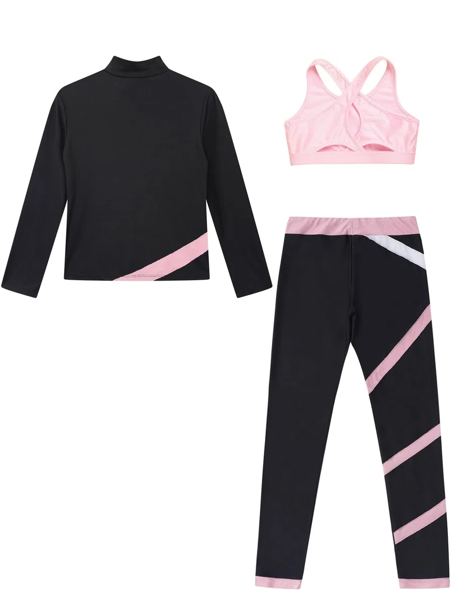 YiZYiF Ensemble Patinage Artistique Enfant Fille Manches Longues Vestes Top Strass Zippée et Débardeur Legging de Sport Survêtement Justaucorps Gymnastique 5-16 ans