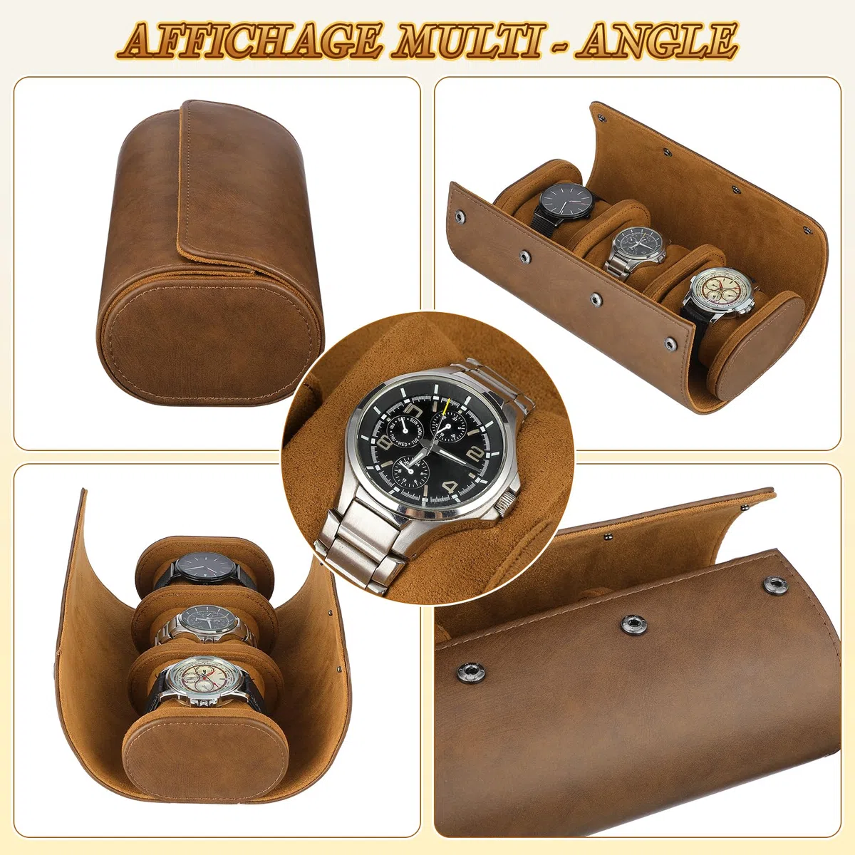 VILLCASE Boîte de Rangement pour 3 Montres, Étui de Voyage Portable en Cuir PU, Rouleau de Transport avec Coussins Souples, Coffret Cadeau Homme - Marron