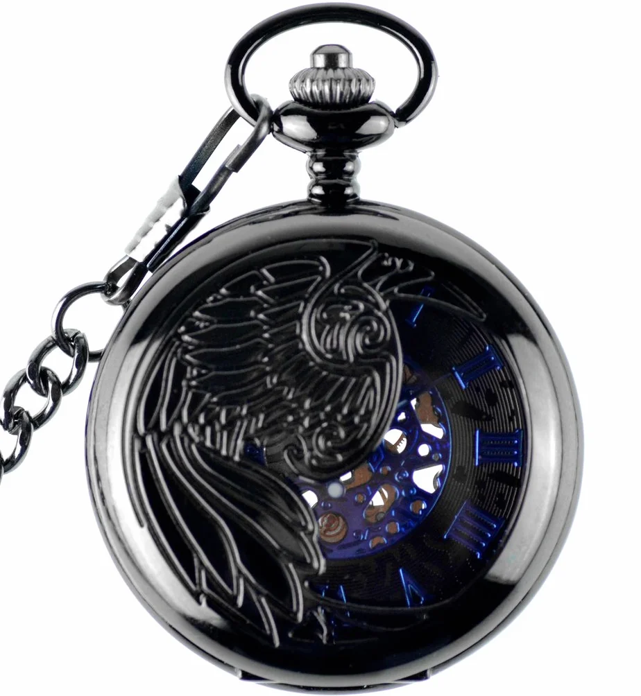 Unendlich U Infinite U Aigle/Ange/Phénix Bleu Chiffre Romains Cadran Mécanique Montre de Poche Squelette en Acier Pendentif Collier Noir