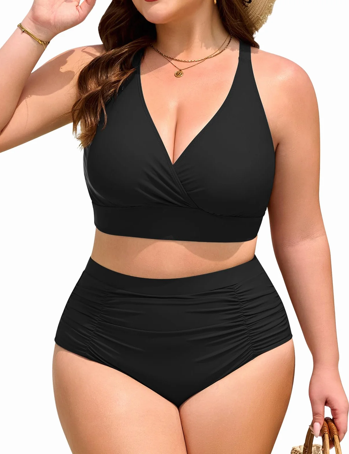 Nadeer Grande Taille Taille Haute Gainant Ventre Plat Maillot De Bain Femme 2 Pieces ContrÔLe du Ventre Push Up Rembourré Bikini Col en V Swimsuit