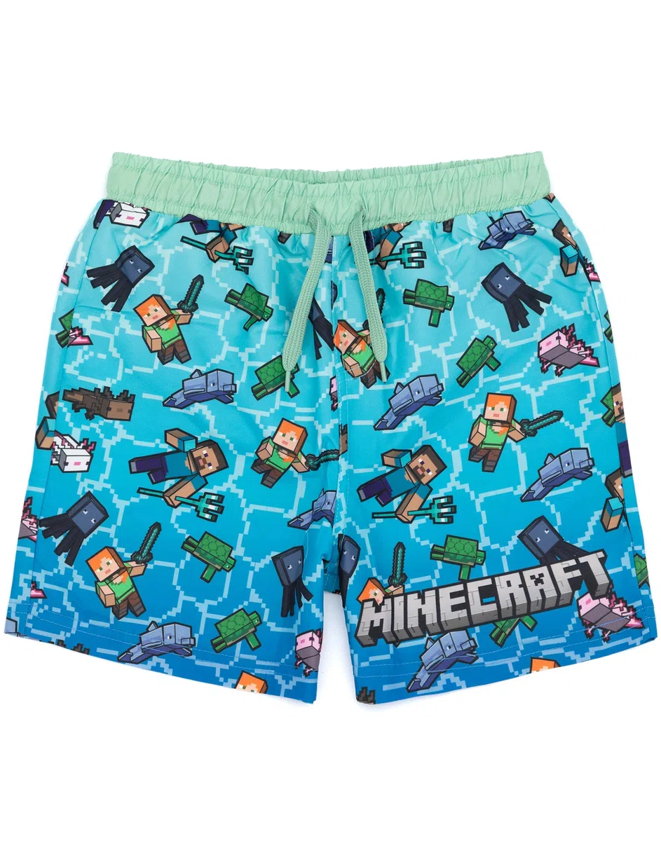 Minecraft Short de Bain pour garçons | Options de Liane Bleue Verte OU Verte | Enfants Ados Creeper Steve Alex TNT Explosif Personnages Gamer Pantalon de Natation Malles