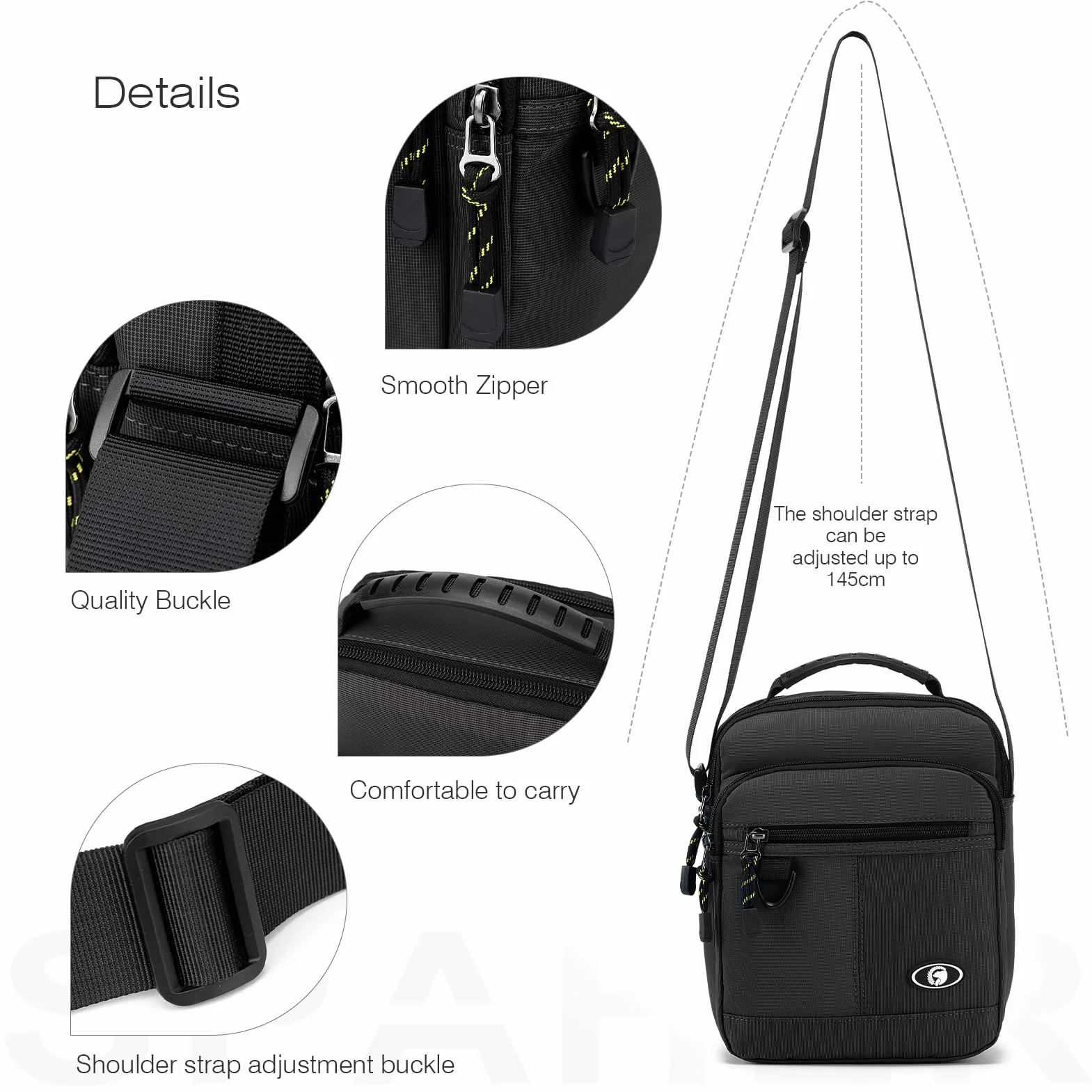SPAHER Sacoche Homme Bandouliere Sac Porté Epaule Entreprise Sac a Main Nylon Imperméable Sac Besace Pochette Homme Bandoulière Sacs D'épaule pour Usage Voyage Randonnée et Sports Noir