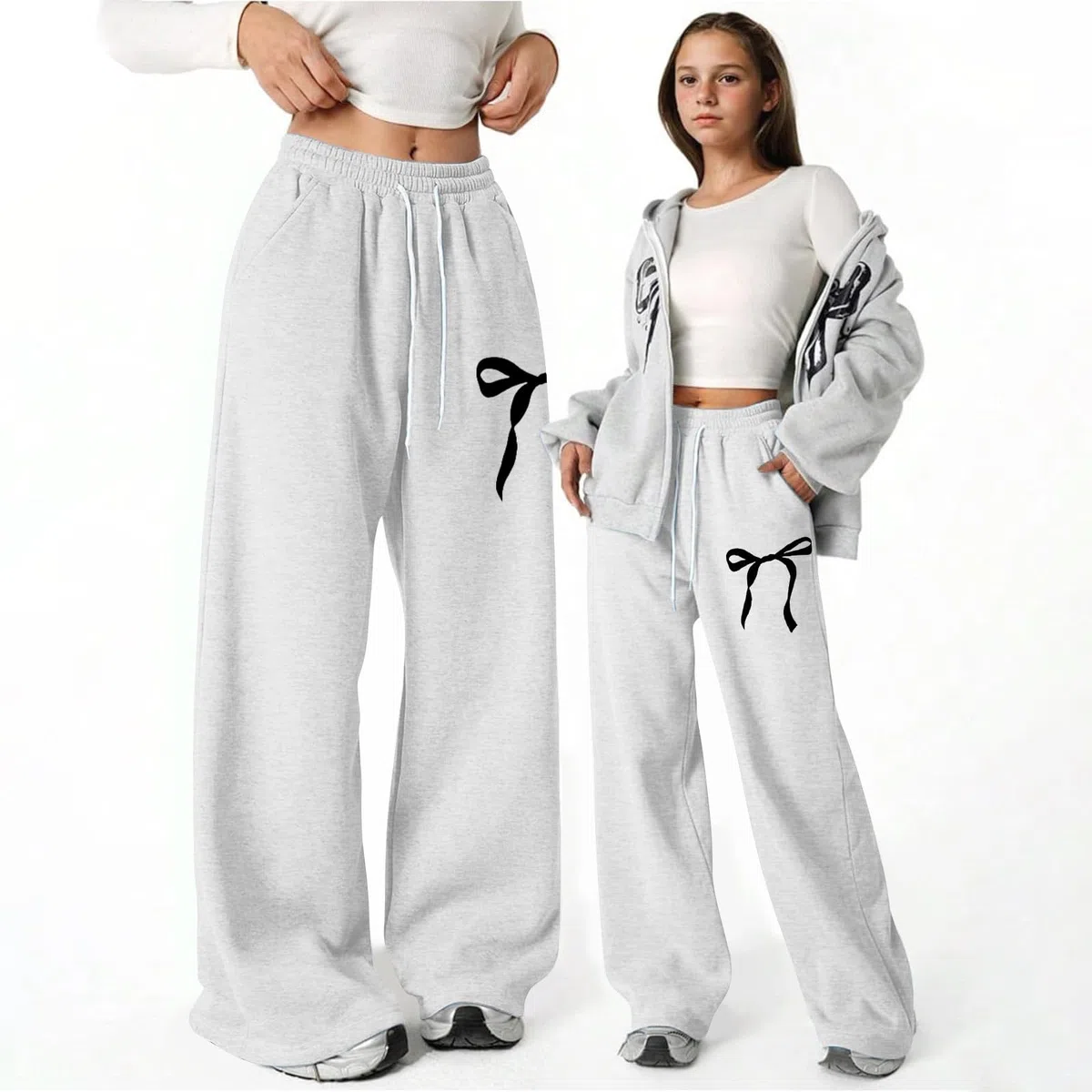 Generisch 2025 Baggy Pantalon de jogging avec nœud pour fille Pantalon de sport léger avec jambe droite et poches