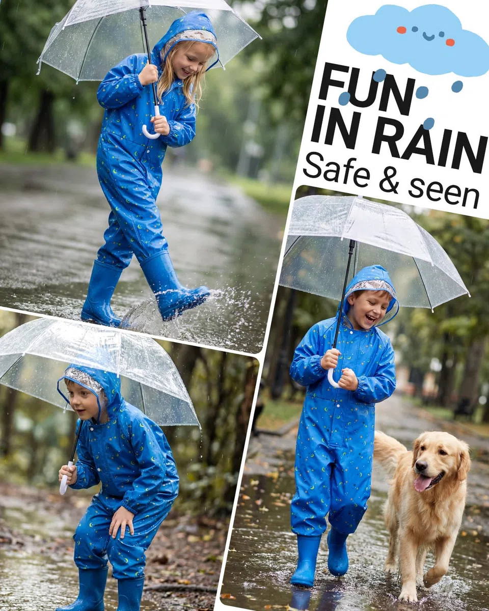 JiAmy Combinaison Pluie Enfant Imperméable, Combinaison Intégrale avec Fermeture Zippée + Boutons, Vêtement Pluie Enfant Garçon Fille 1 à 3 Ans