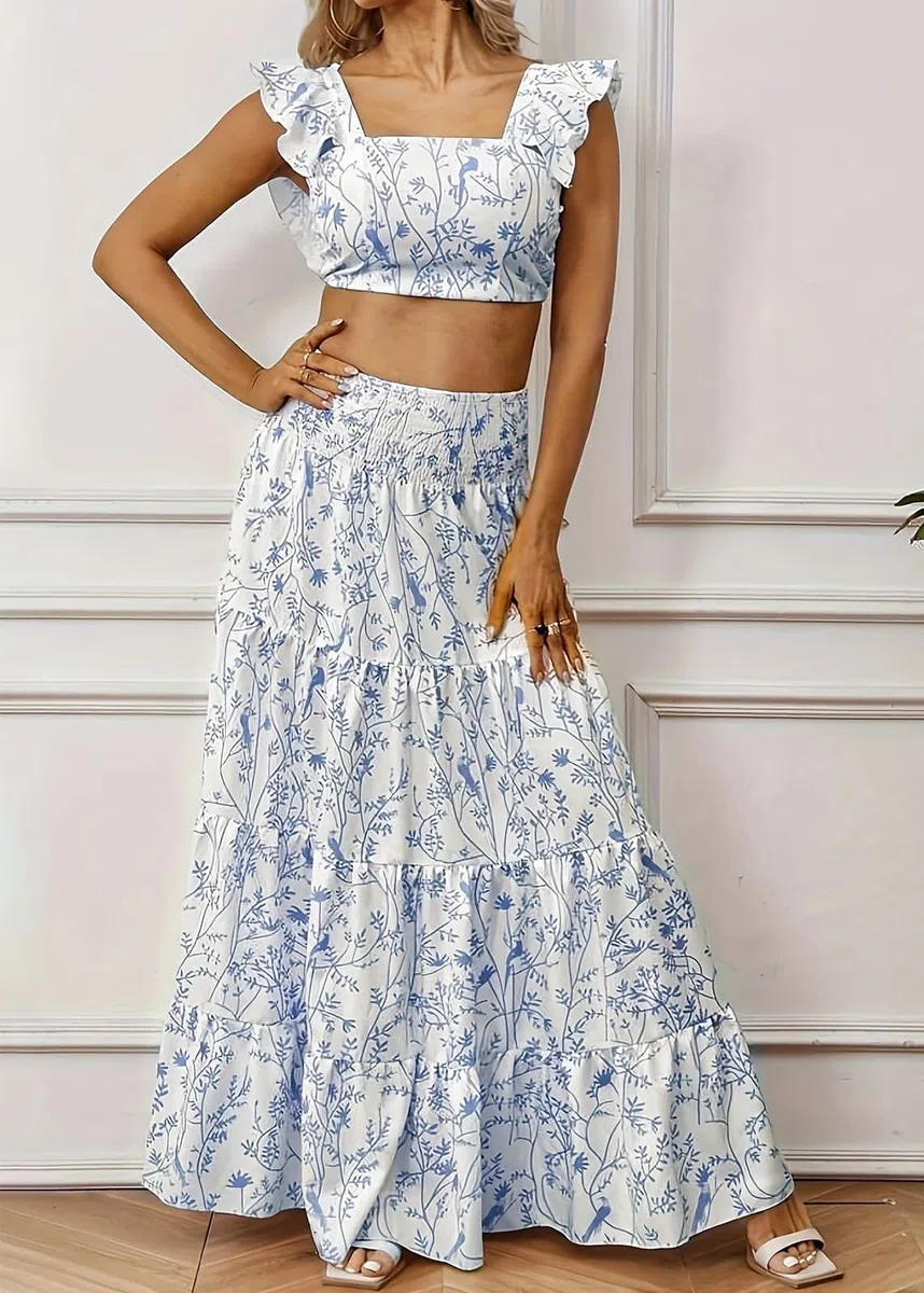 Tomwell Sexy Ensemble de 2 Pièces pour Femme Chic Elegant Crop Tops et Swing Jupe Longue à Taille Haute Femme Ensemble Tailleur