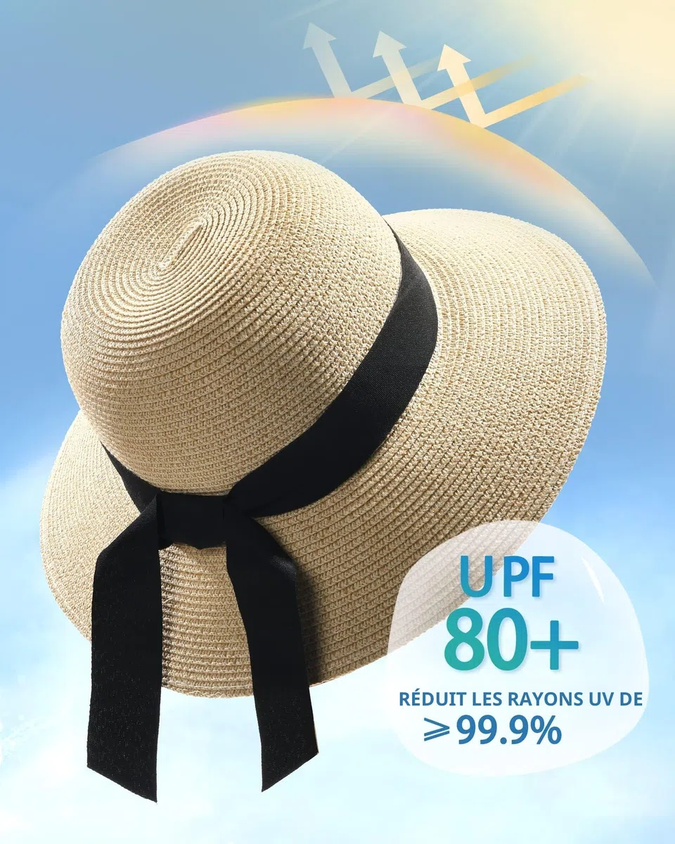 FURTALK Chapeau de paille pour femme - Protection UV UPF 80+ - Bord pliable - Pour l'été