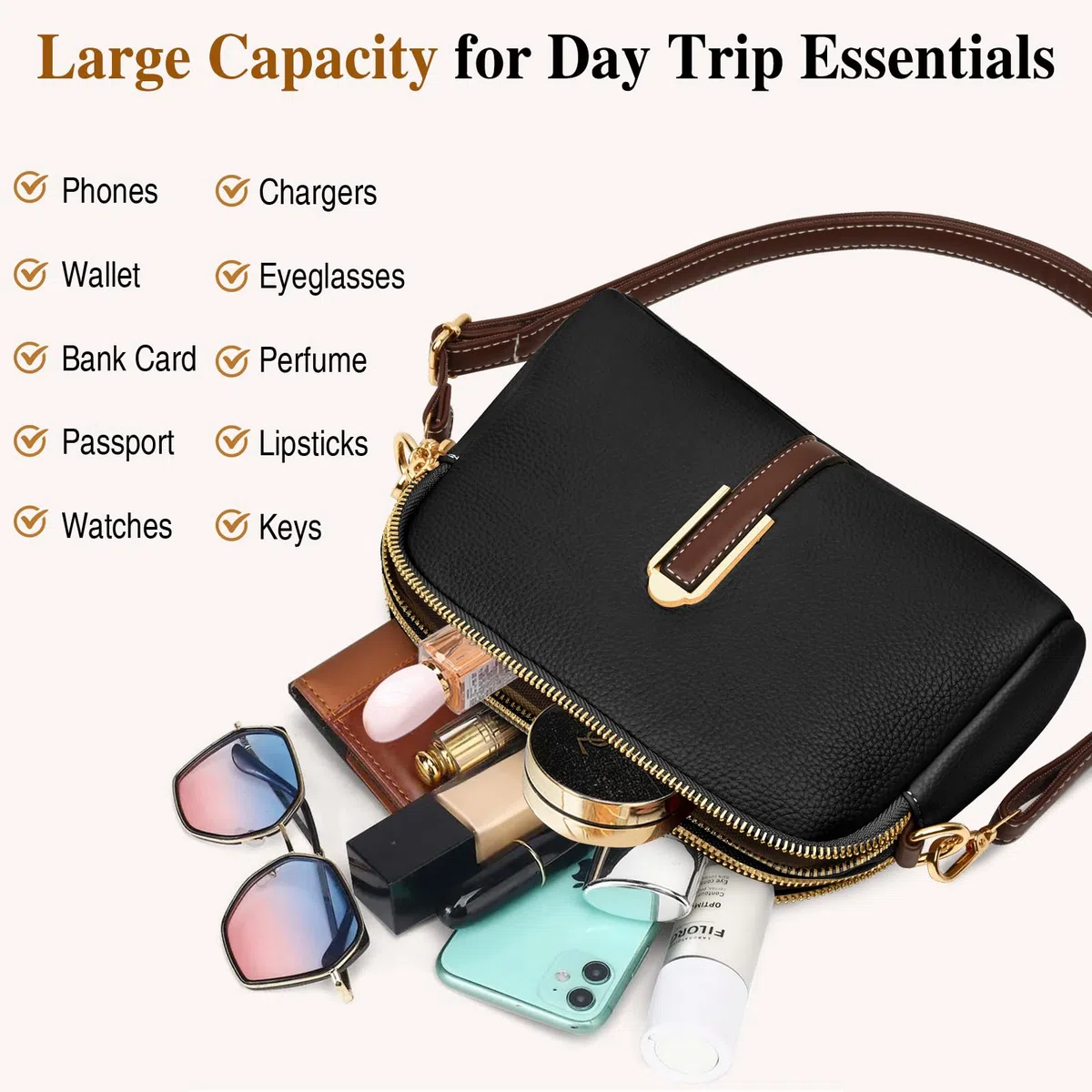 TEUEN Petit Sac a Bandoulière Femme, Simili Cuir Souple en PU Saccoche Bandouilliere avec Poches Multiples 2 in 1 Sacs à Main Portés Épaule et Pochette Bandoulière pour Telephone Portable