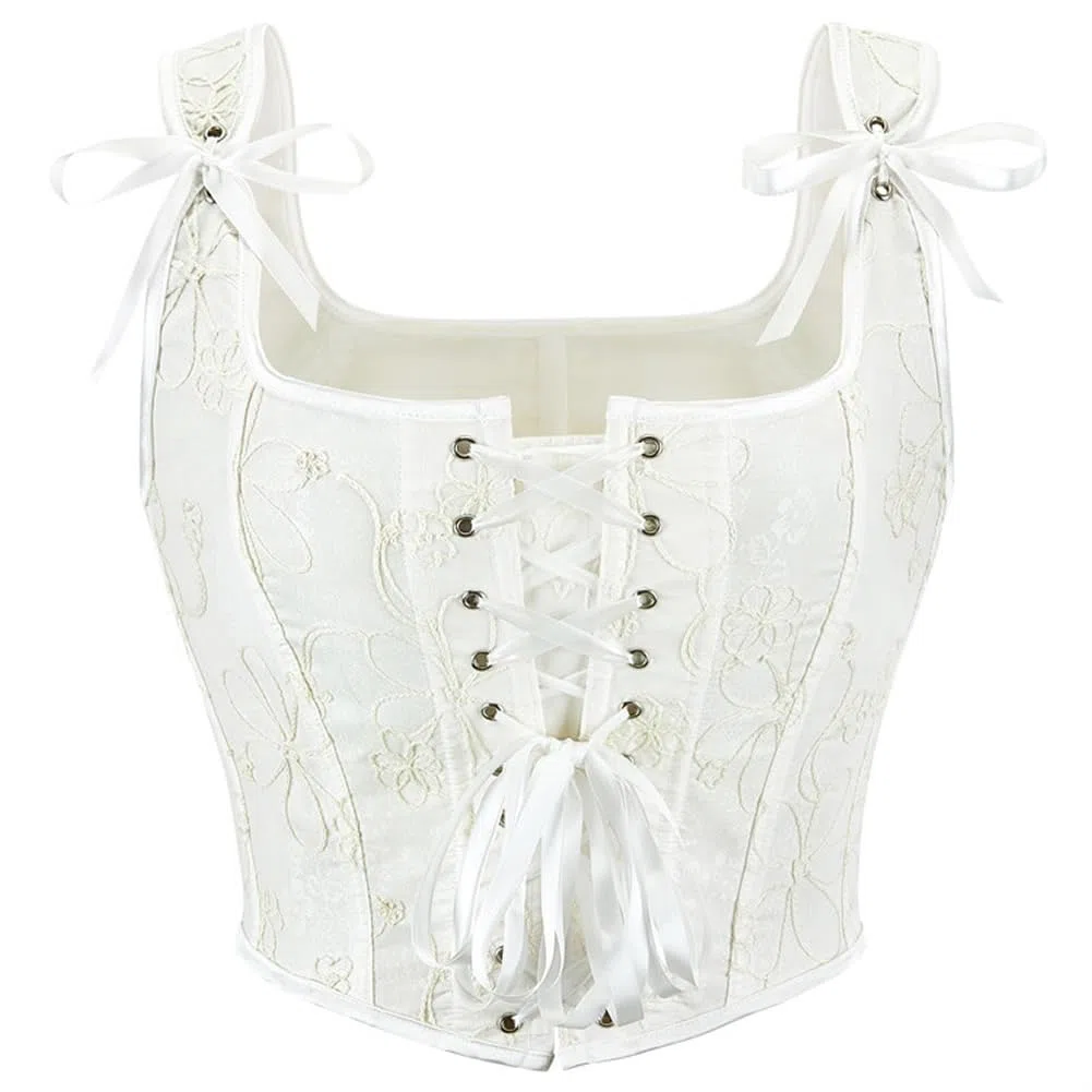 DISSA Corset Bustier à Laçage Frontal et Armature | Motif floral brodé, bretelles larges à nœuds, laçage frontal, armatures verticales, fermeture crochet