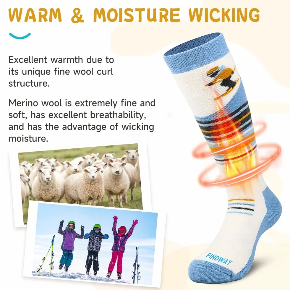 Findway Chaussettes de Ski pour Enfant en Laine Mérinos, Chausettes Thermiques de Ski Enfant Filles et Garçons Souples Respirantes pour Ski Snowboard, 2 paires/3 paires