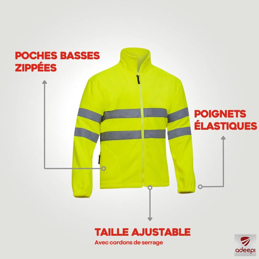 Polaire HV jaune | Haute-Visibilité | Deux poches frontales zippées | Fermeture centrale zippée | Bandes réfléchissantes | Taille ajustable | Usage Professionnel | Jaune Fluo | De XS au 4XL
