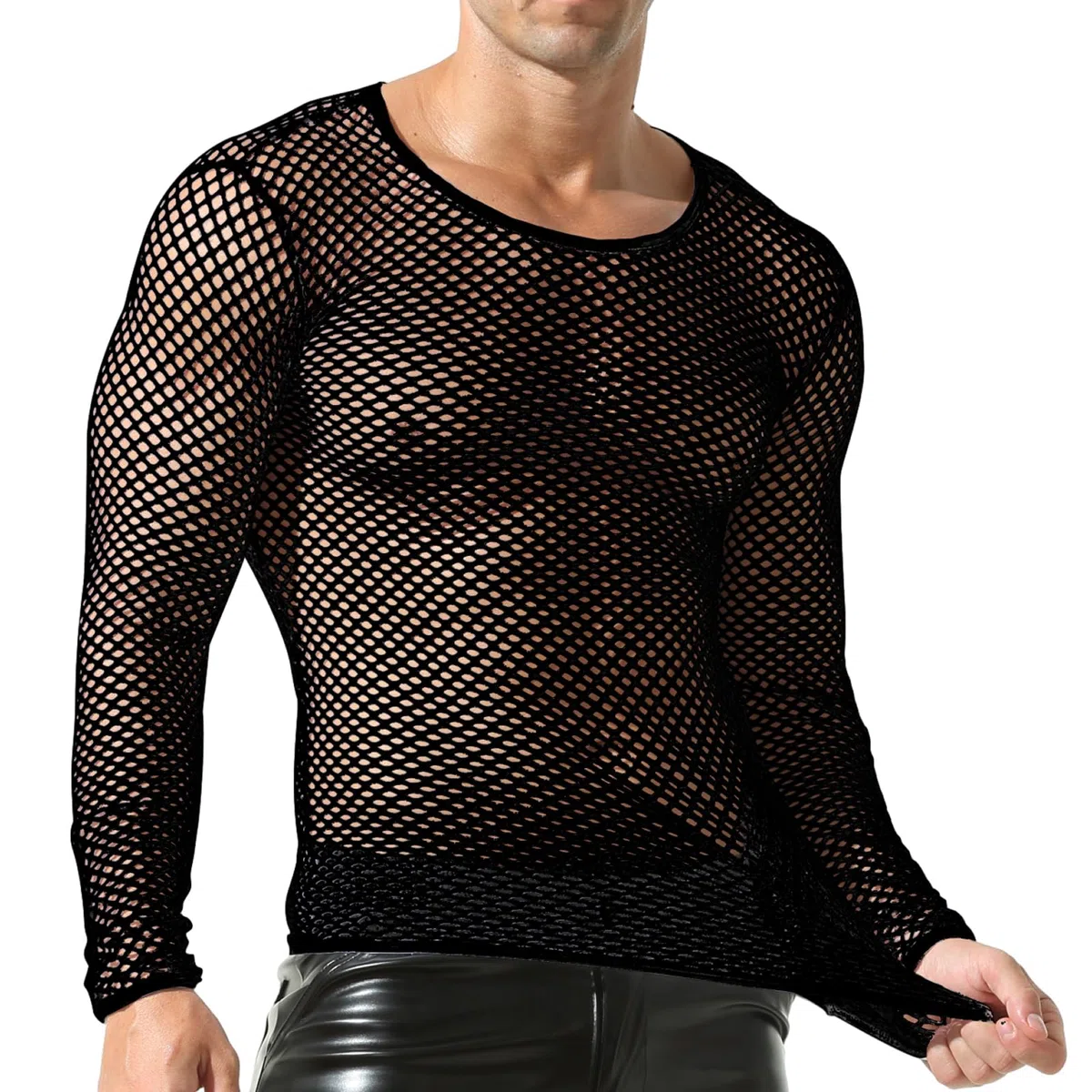 QiaTi Hommes T-Shirt à Manches Longues Transparent en résille pour Hommes Chemises Transparentes Maillot de Corps en Maille à Manches Longues