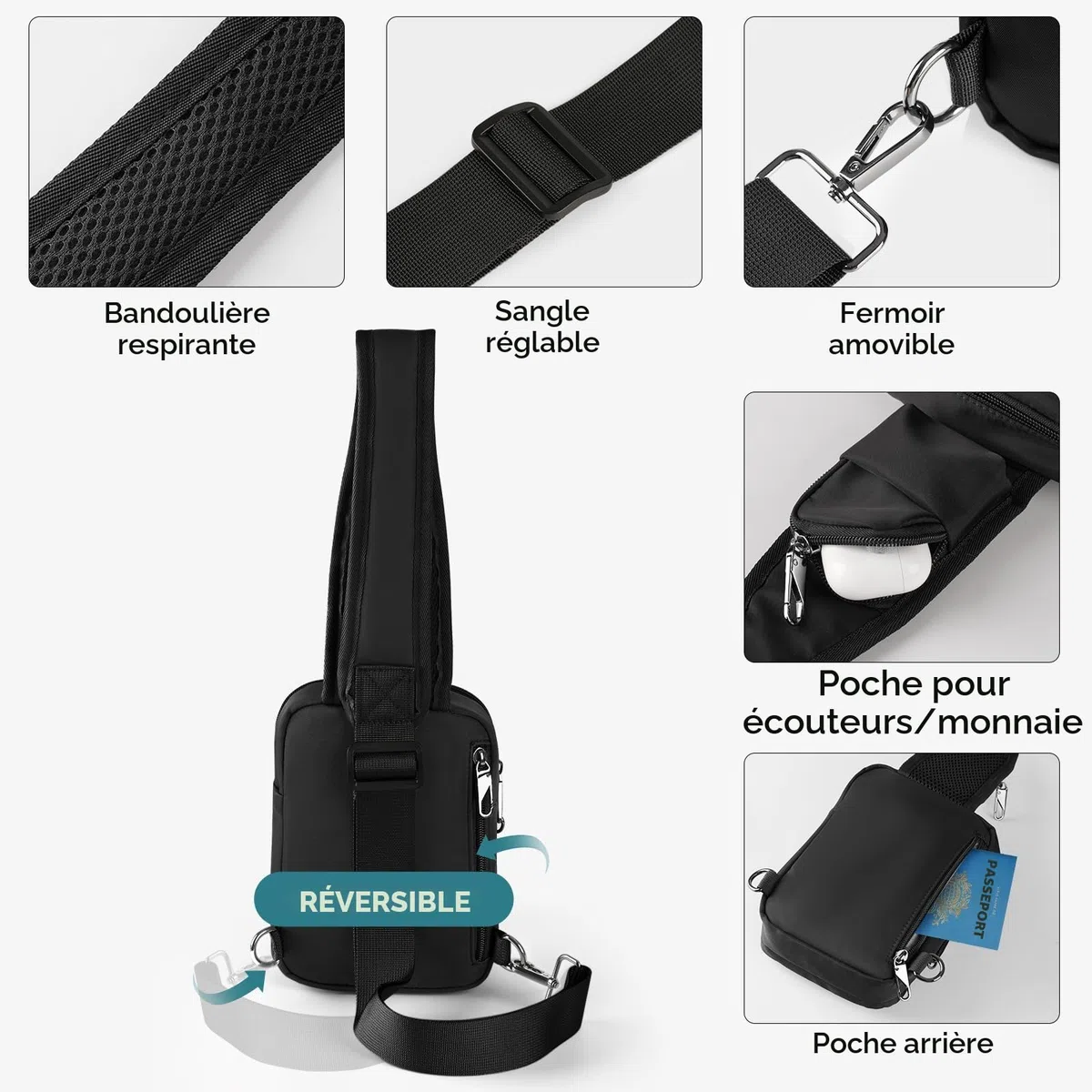 BROADREAM Sac à bandoulière avec Reißverschluss Lock & RFID-Blockierung, Petite Sacoche Poitrine Homme et femme, Sling Bag convient pour les épaules gauche et droite