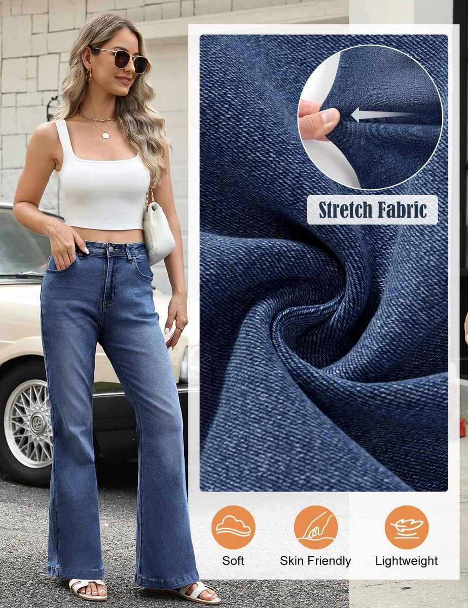 Jean Femme Taille Haute Jean Évasé Elastique Pantalon Stretch Slim Vintage Jeans Bootcut Flare Large Denim Leggings Grande Taille Extensible avec Poches