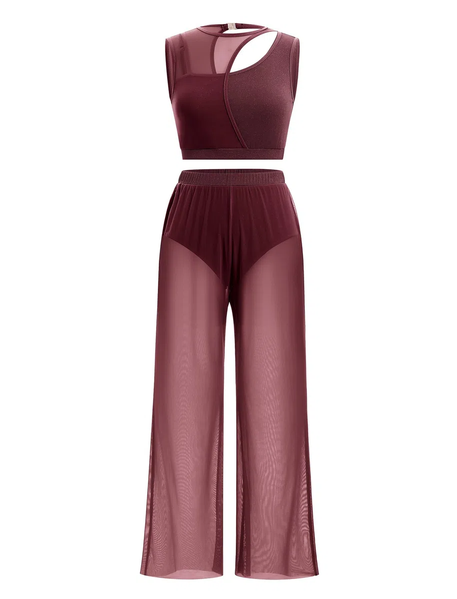 FYMNSI Costume de danse lyrique moderne pour femme - Vêtement de danse classique - Sans manches - Ventre nu - Pantalon large