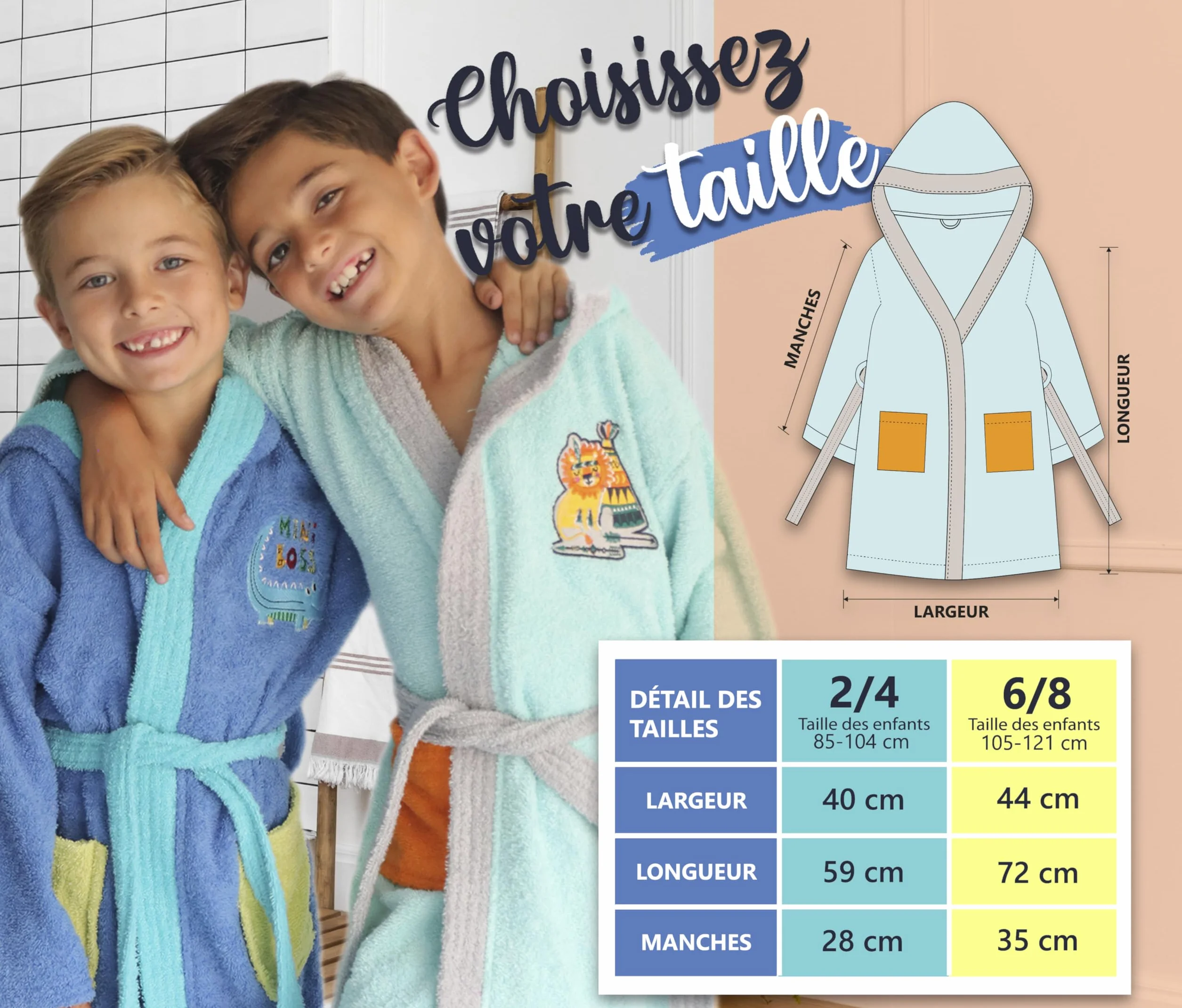 LEBENGOOD - Peignoir Enfants adolescents 100% Coton OEKO-TEX - 2 Poches, Ceinture, Capuche, Peignoirs en peluche très doux avec broderies pour enfants