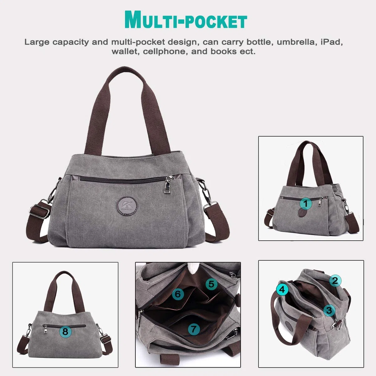 Hobo Sacs à main en toile pour femme, sac à main fourre-tout multi-compartiments, sacoche de taille moyenne