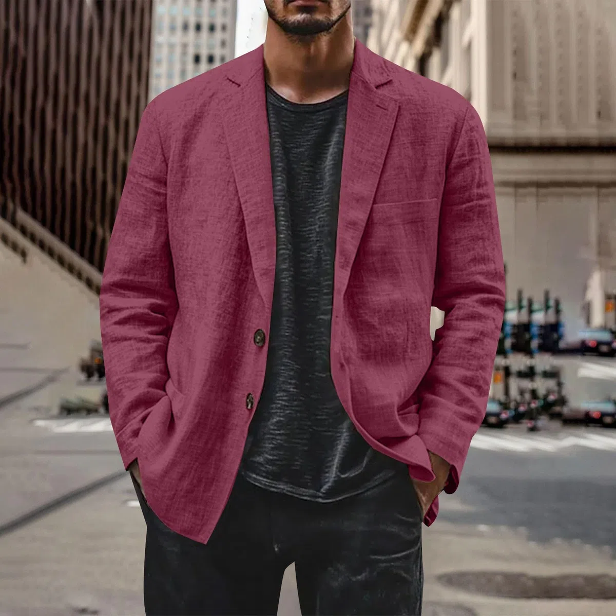 Veste d'été en lin pour homme - Blazer décontracté en coton et lin avec deux boutons - Veste simple et décontractée - Veste de costume pour les loisirs - Veste de transition pour homme - Coupe droite
