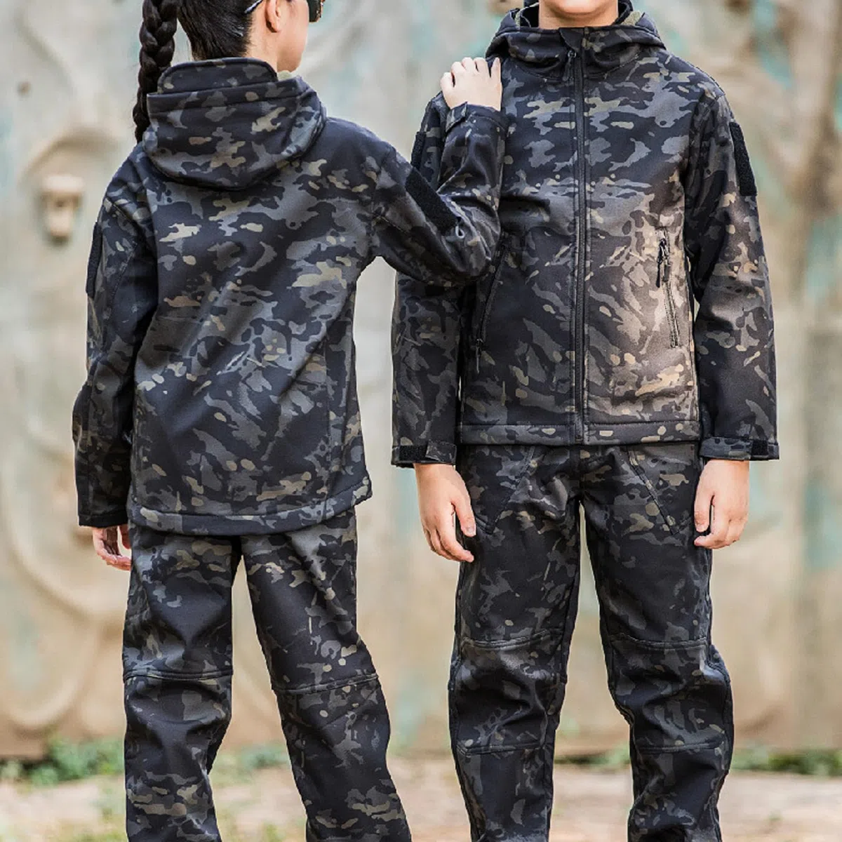 Enfant en Plein Air Vêtements Tactiques Ensembles Veste et Pantalon Softshell Doublé Polaire Airsoft Militaire Camouflage Hiver Combat Chasse Randonnée Camping pour Garçons Fille