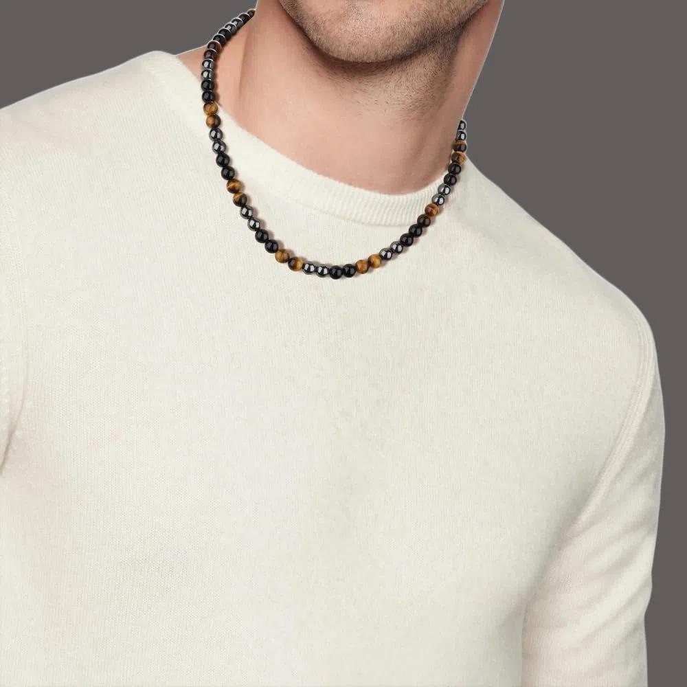 GAVU Collier Triple Protection Homme, Collier Hématite/Œil de Tigre/Obsidienne