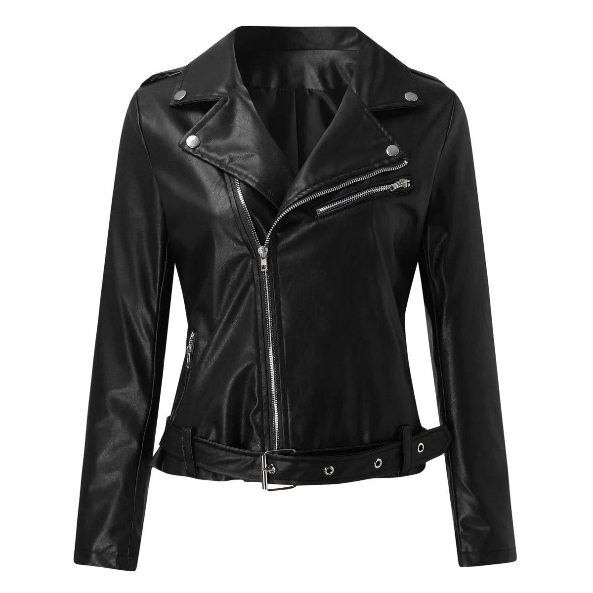 Veste de moto en cuir synthétique pour femme - Grande taille - Manteau court léger en similicuir végétalien - Tendance - Coupe ajustée - Avec poches zippées
