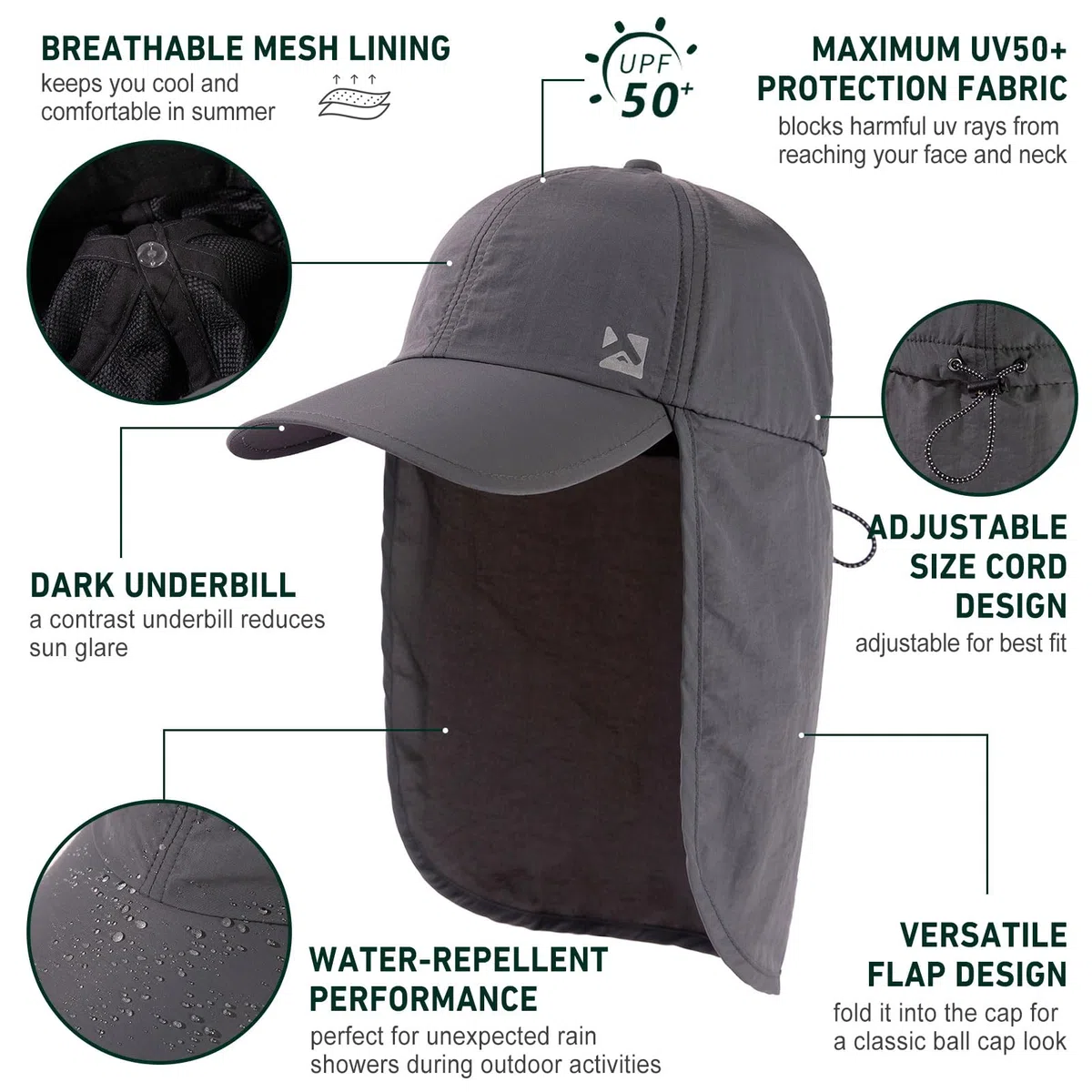TOP-EX Casquette de baseball imperméable pour homme et femme avec rabat de cou, protection UV, pliable, chapeau d'été, safari, randonnée, chapeau de plein air, respirant, réglable