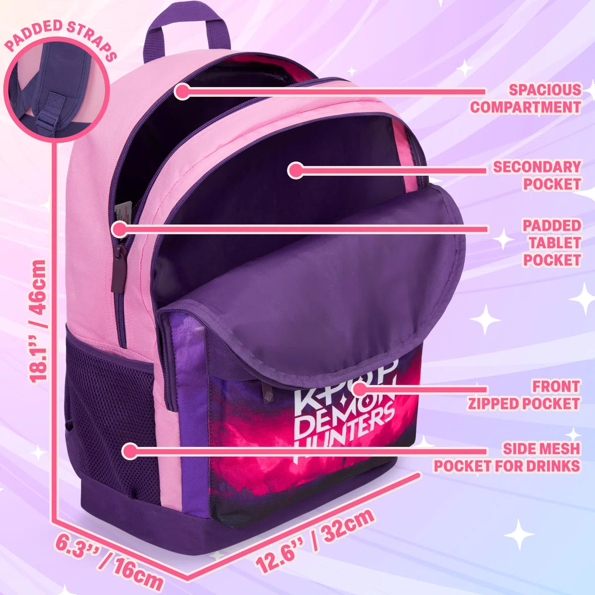 Get Trend Kpop Demon Hunters Huntrix Sac a Dos Enfant Fille, Fermeture Eclair et Rembourré Cartable Enfant avec Porte Clef, Cadeau Fille (Violet/Rose)