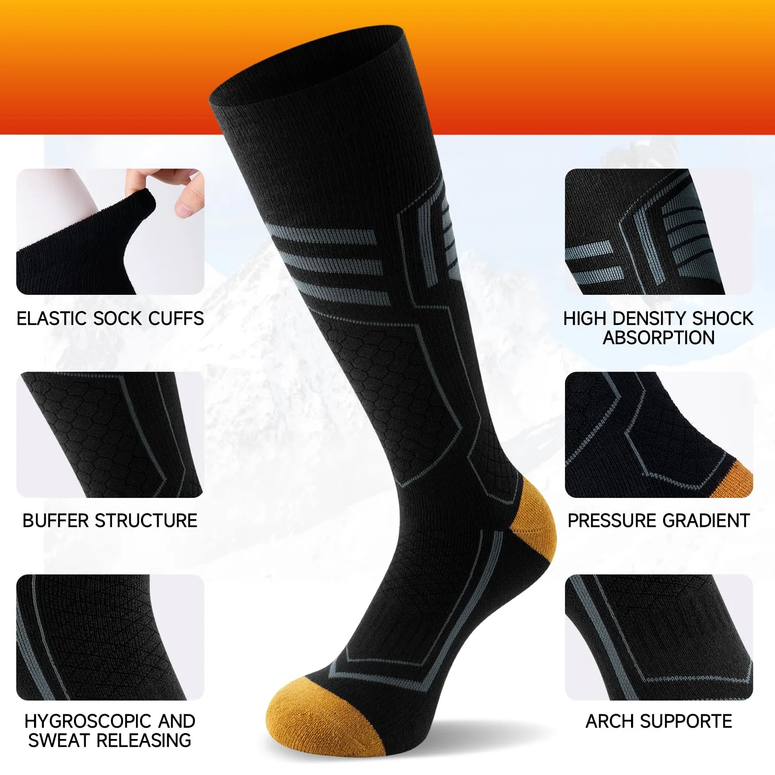 TANSTC Chaussettes de Ski Haute Performance Homme Femme 43-46 39-42 47-50 35-38 Chaussettes Hiver Chaudes Épais Coussin Chaussettes Longues Thermiques Respirant pour Ski Travail Randonnée 2 Paires
