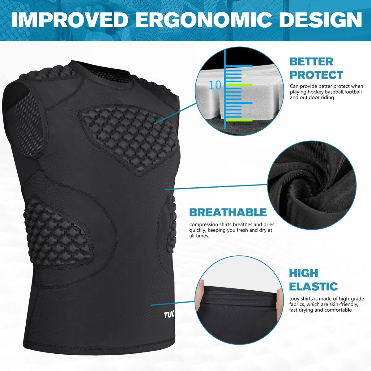 pour Homme garçons rembourré Compression Gilet Noir sans Manches pour Homme Rib Débardeur de Protection pour Rugby Basket-Ball Football Paintball Cyclisme et Autres Sports de Contact