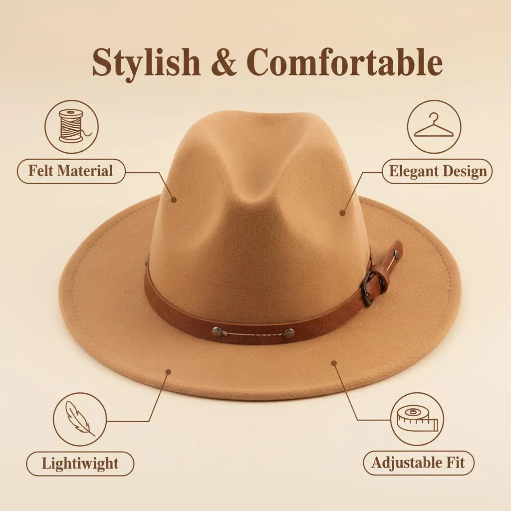 QUUPY Kaki Classique Felt Fedora Chapeau Large Bord Soft Hair Panama Chapeau Automne Hiver Jazz avec Rivet Boucle déployante et Cordon de Serrage réglable