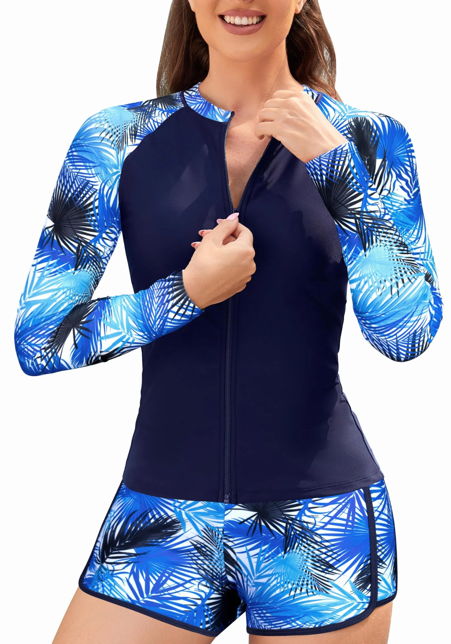 SHEKINI Maillot de bain rash Guard pour femme - Manches longues - Fermeture éclair - Maillot de bain
