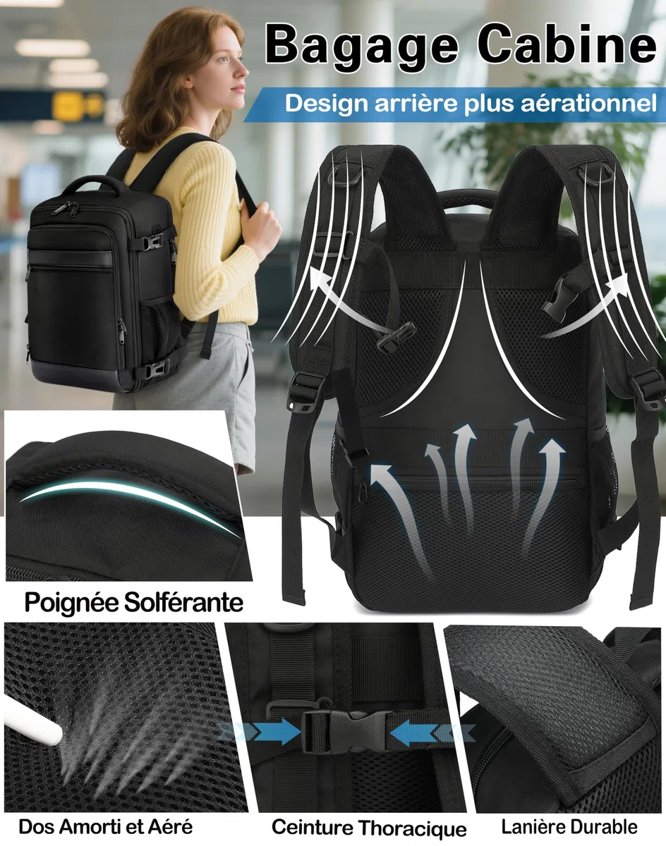 KLOSTAIN Sac a Dos Voyage Cabine Avion 40x20x25 Bagage Cabine pour Ryanair 20 L Femme Homme sous Siège Bagage à Main Petit Sac à Dos pour Ordinateur Portable 14 Pouces Noir