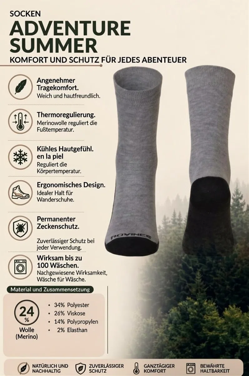 Rovince Chaussettes anti-insectes Adventure Summer | Protection contre les tiques et les moustiques | Label Dermatest très bon | OEKO-TEX | NEN-8333 | Enfants et adultes