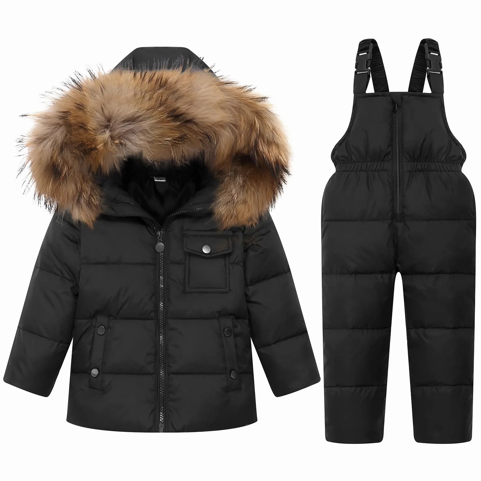 JiAmy Combinaison de neige 2 pièces pour fille – Veste matelassée à capuche et pantalon à bretelles – Tenue de ski ultra légère, Noir/blanc, 6-7 Years