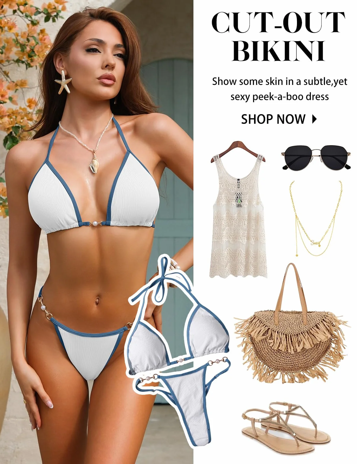 UMIPUBO Maillot de Bain 2 Pieces Femme Bikini Sexy Taille Basse String Bretelles Réglables Push Up couleur contrastée Perle Elégant Ensemble