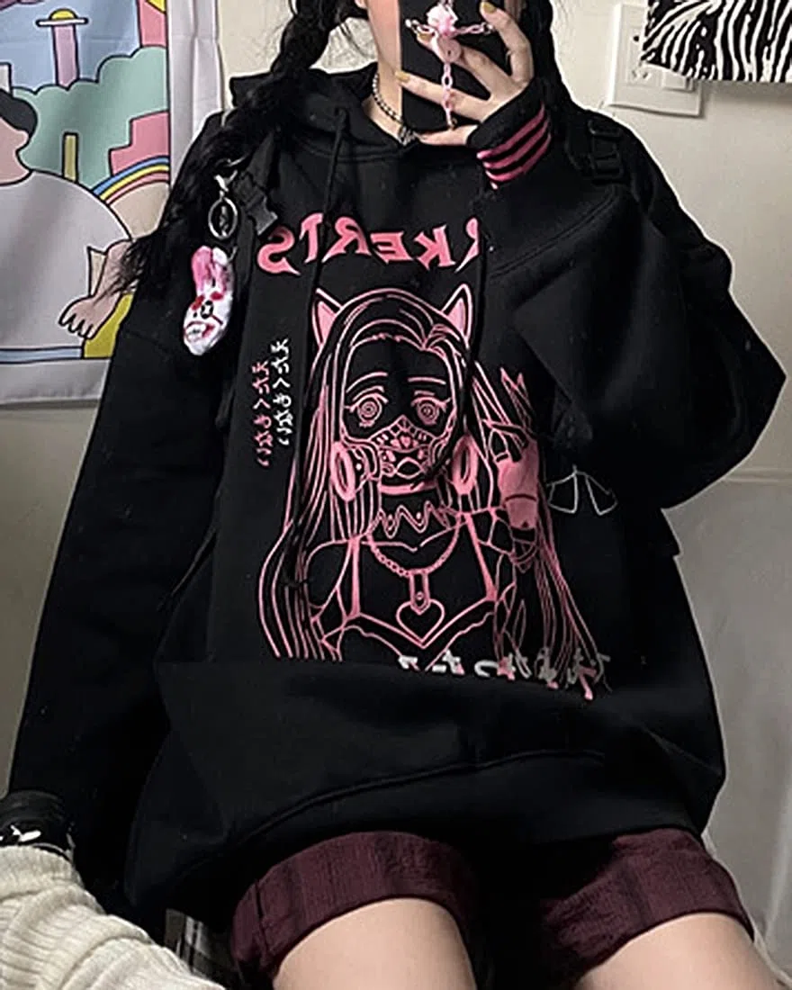 Femme Anime Manga Sweat à Capuche Fille Japonais Kawaii Vetement E-Girl Y2K Gothique Sweatshirt Harajuku Pull