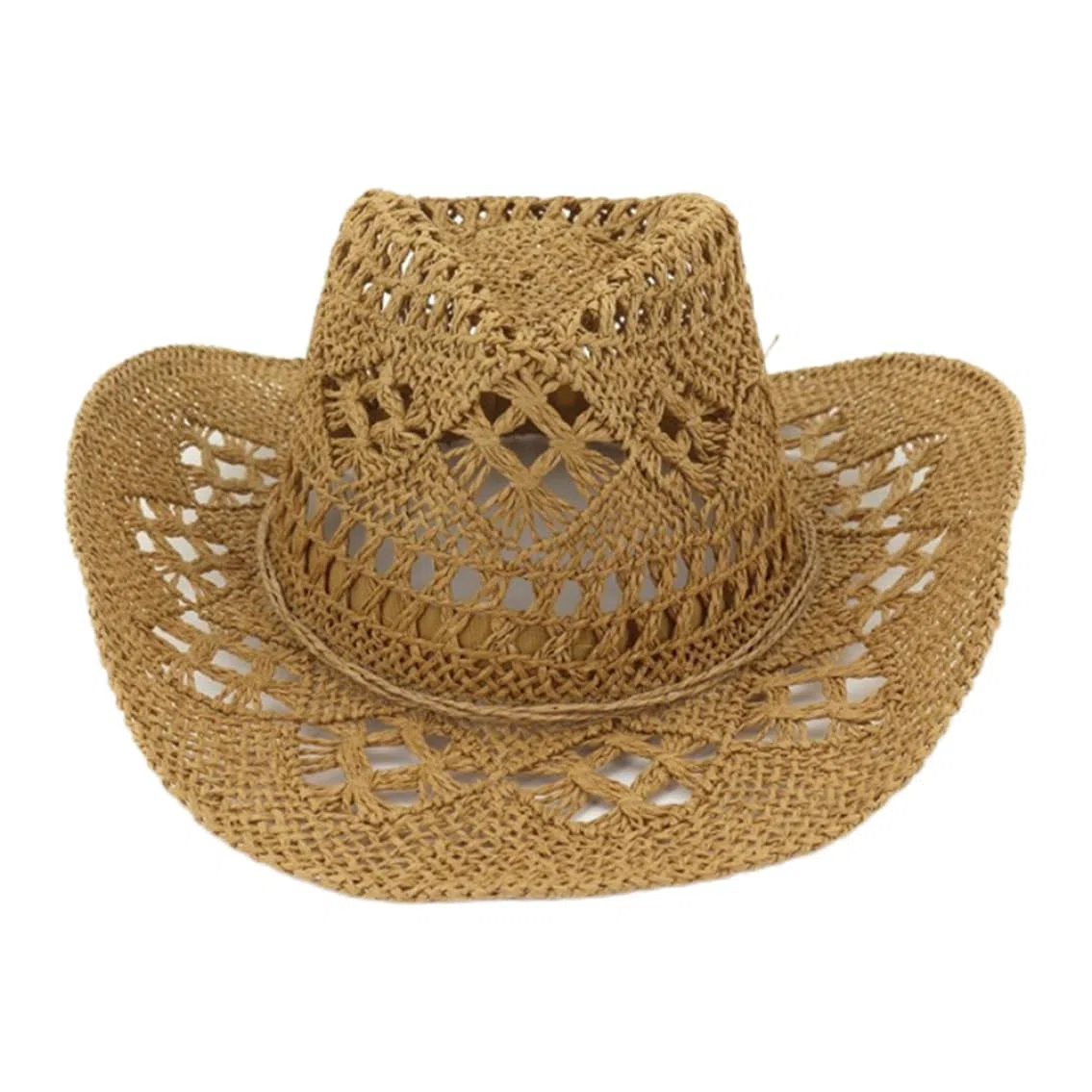 Chapeau de Cowgirl Marron, Chapeau de Cowboy en Paille Unisexe Tricoté à la Main Respirant Western Cowgirl Design Creux à Large Bord Soleil pour L'été en Plein Air Fête Plage Femmes Hommes, Tan Co