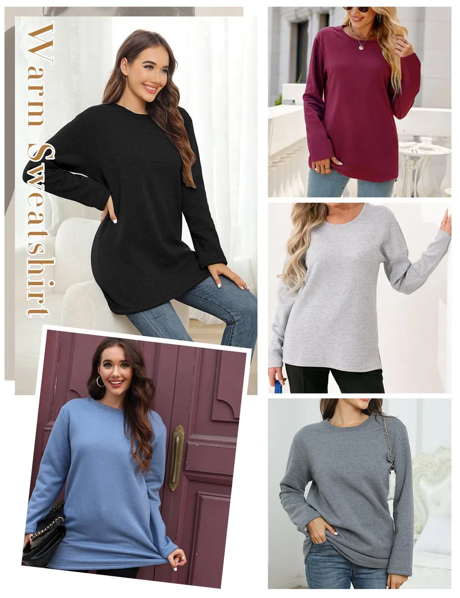 Nadeer Sweat Polaire Femme Hiver Pull Sweatshirt Manches Longues Col Rond Coton Sweat sans Capuche Couleur Unie Doublé Chaud Pullover Loose Casual Loungewear Haut