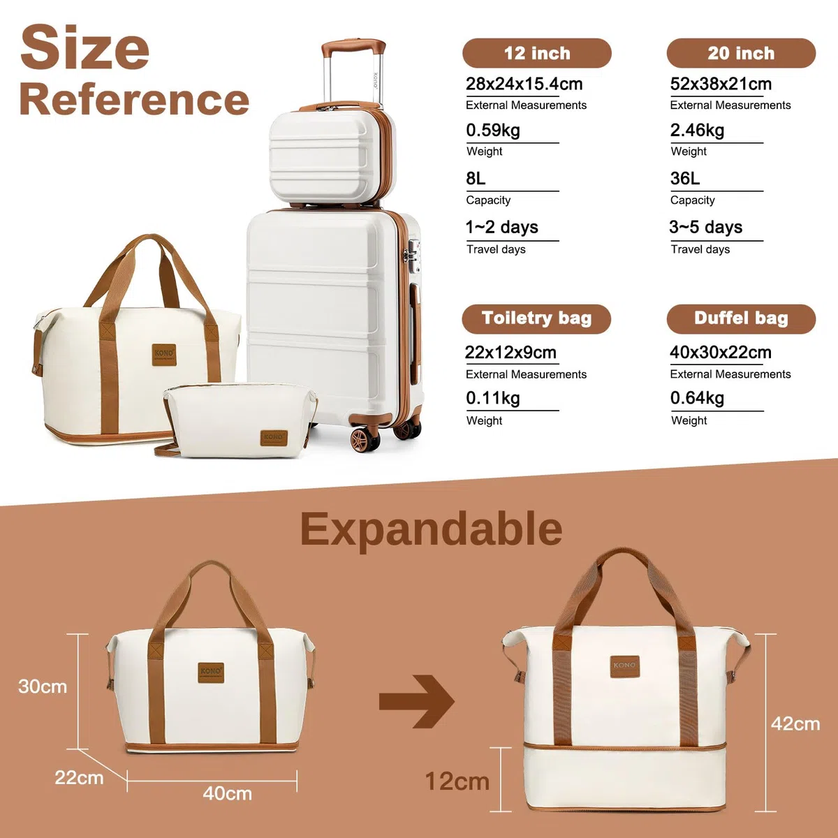 Kono Set de 4 Valises de Voyage Rigide Bagage Cabine 55cm avec Portable Vanity Case et Pliable Sac de Voyage pour Sport avec Trousse de Maquillage, Blanc Crème